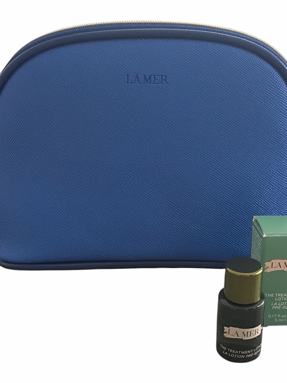 La Mer Blue Travel Cosmetic Pouch with Mini Treatment lotion